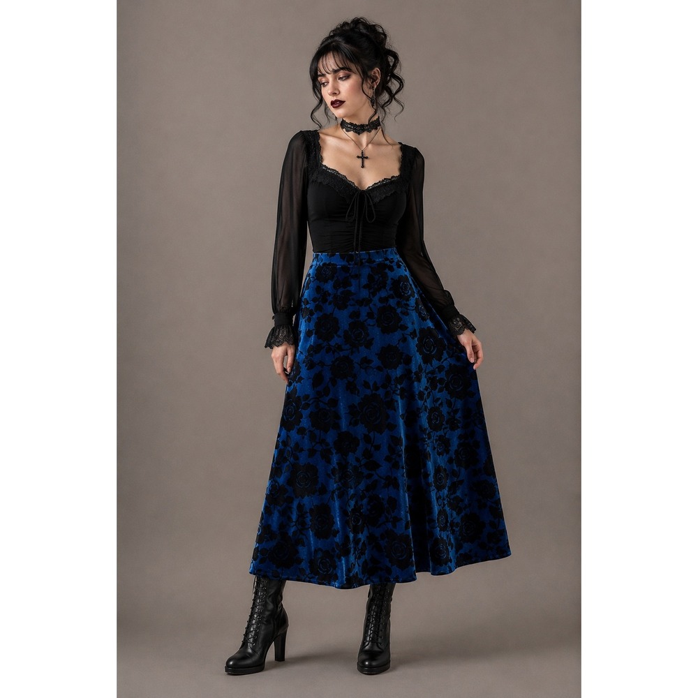Coldwater Creek Blue Velvet Rose Midi Skirt Petite L Whimsigoth Gothic Boho